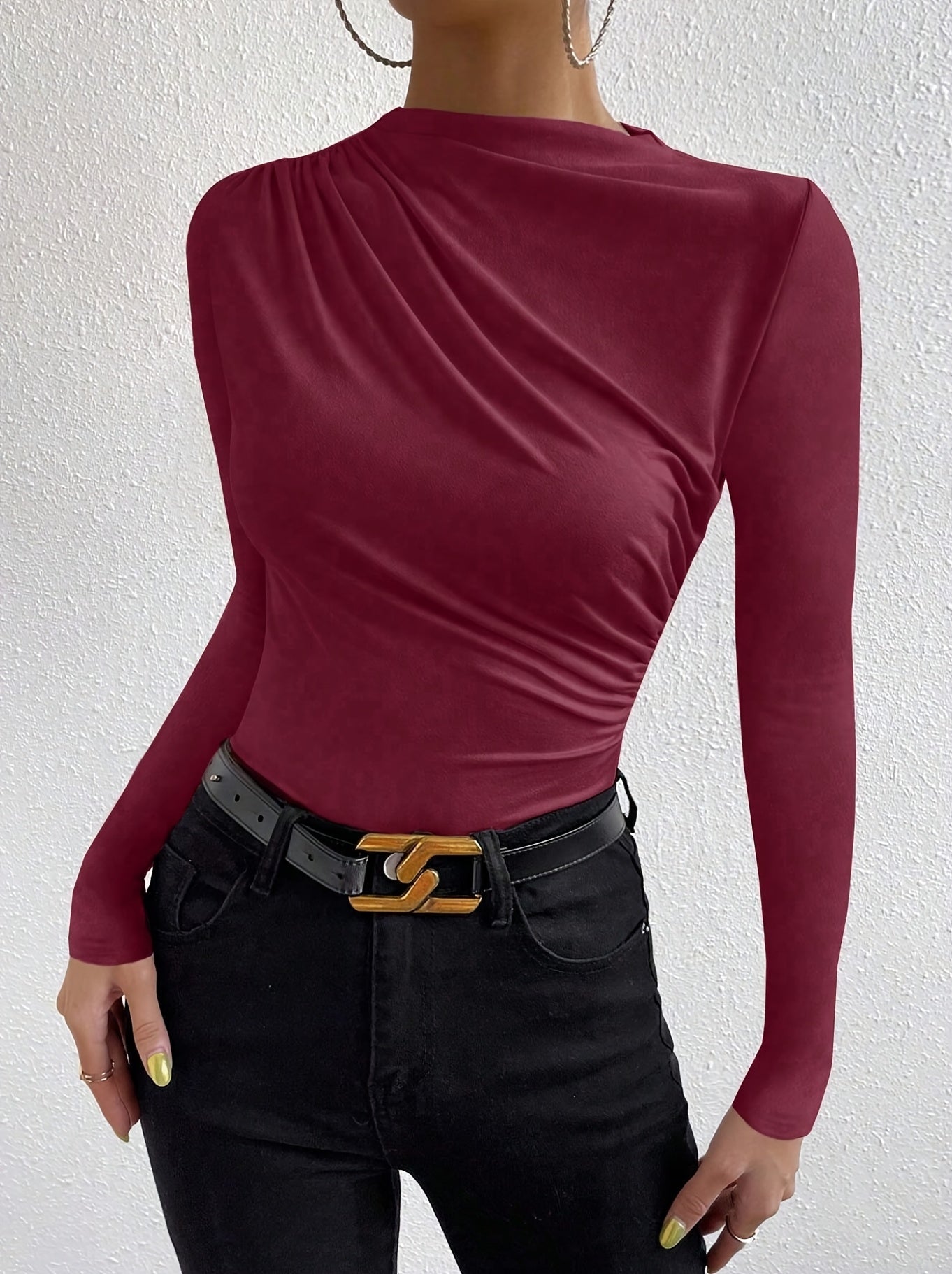 Elegant Women's Long Sleeve T-Shirt with Chest Wrinkle Detail - Slim Fit Medium Stretch Solid Color Top, Machine Washable All-Season Versatile Shirt for Casual & Formal Wear, Formal Attire, Turndown Collar, Stretch Fabric, Of Alpen Store