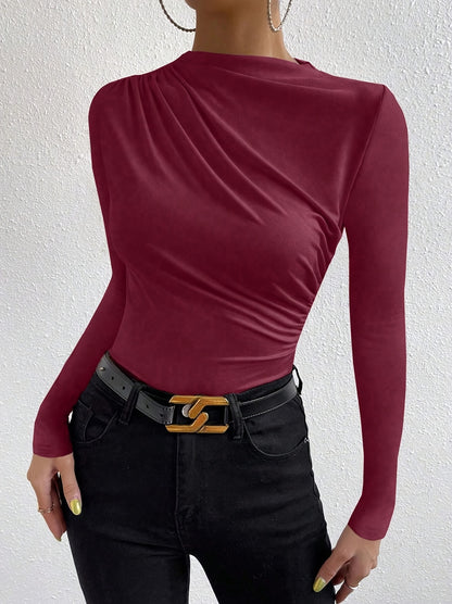 Elegant Women's Long Sleeve T-Shirt with Chest Wrinkle Detail - Slim Fit Medium Stretch Solid Color Top, Machine Washable All-Season Versatile Shirt for Casual & Formal Wear, Formal Attire, Turndown Collar, Stretch Fabric, Of Alpen Store
